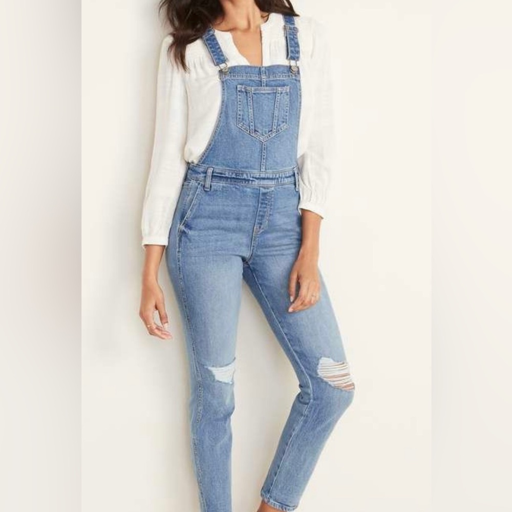 8 OLD NAVY Distressed Jean Side-Zip Overalls front fray NEW slim fit fitted 27”L